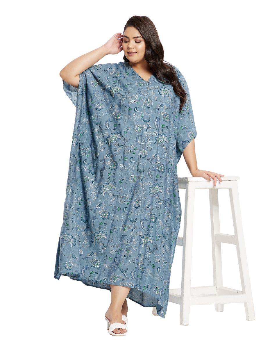 Blue V-Neck Kimono Sleeve Plus Size Kaftan For Women