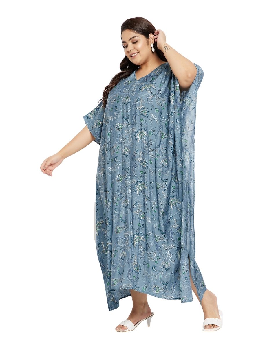 Blue V-Neck Kimono Sleeve Plus Size Kaftan For Women