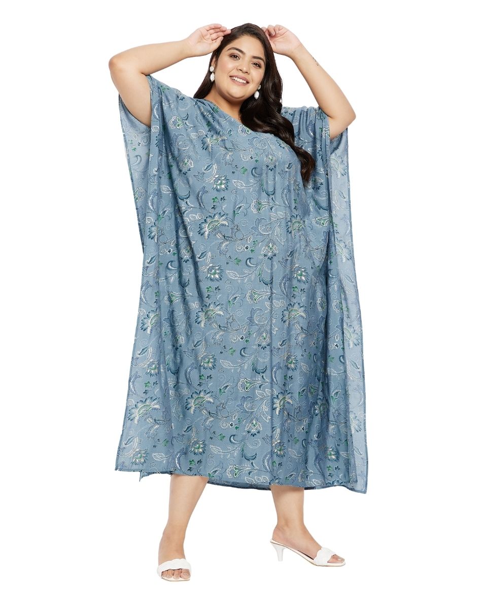 Blue V-Neck Kimono Sleeve Plus Size Kaftan For Women