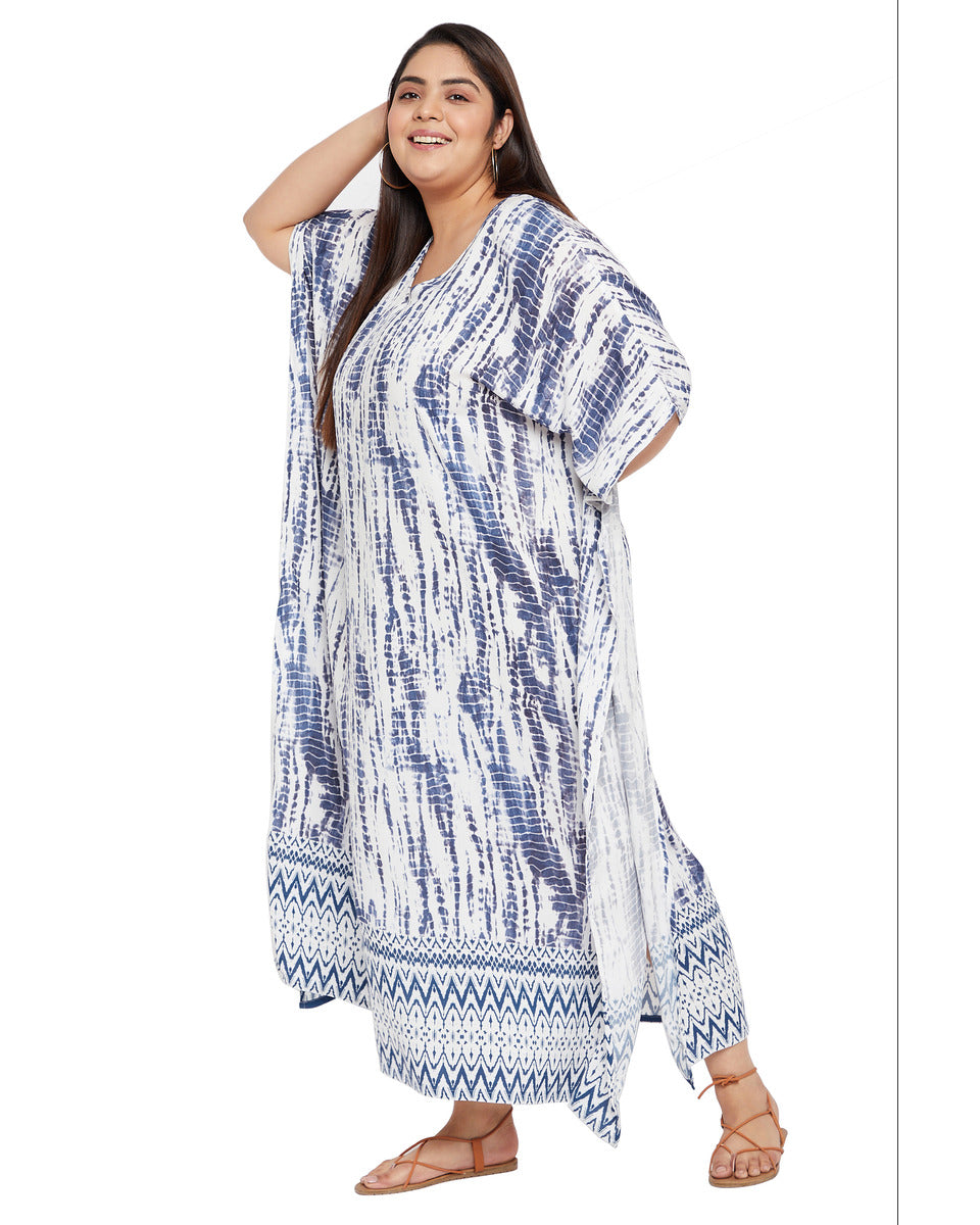 Tie Dye Blue Rayon Plus Size Kaftan Swimsuit Beach Cover up for Women