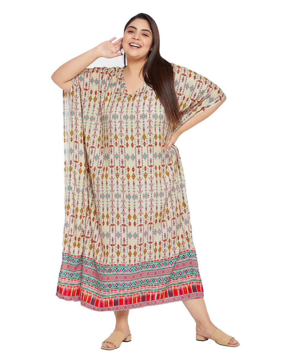Geometric Beige Rayon Plus Size Loungewear Kaftan Dress for Women