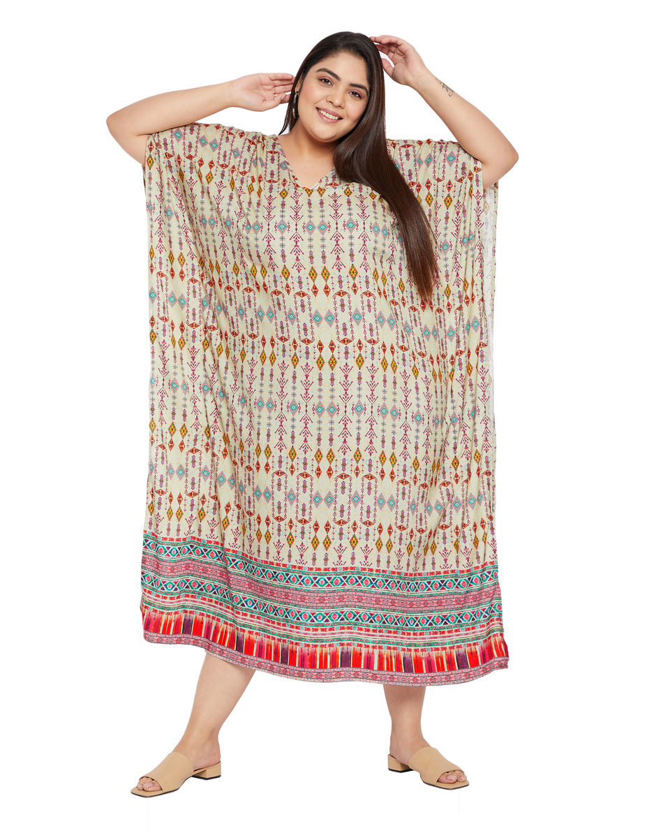 Geometric Beige Rayon Plus Size Loungewear Kaftan Dress for Women