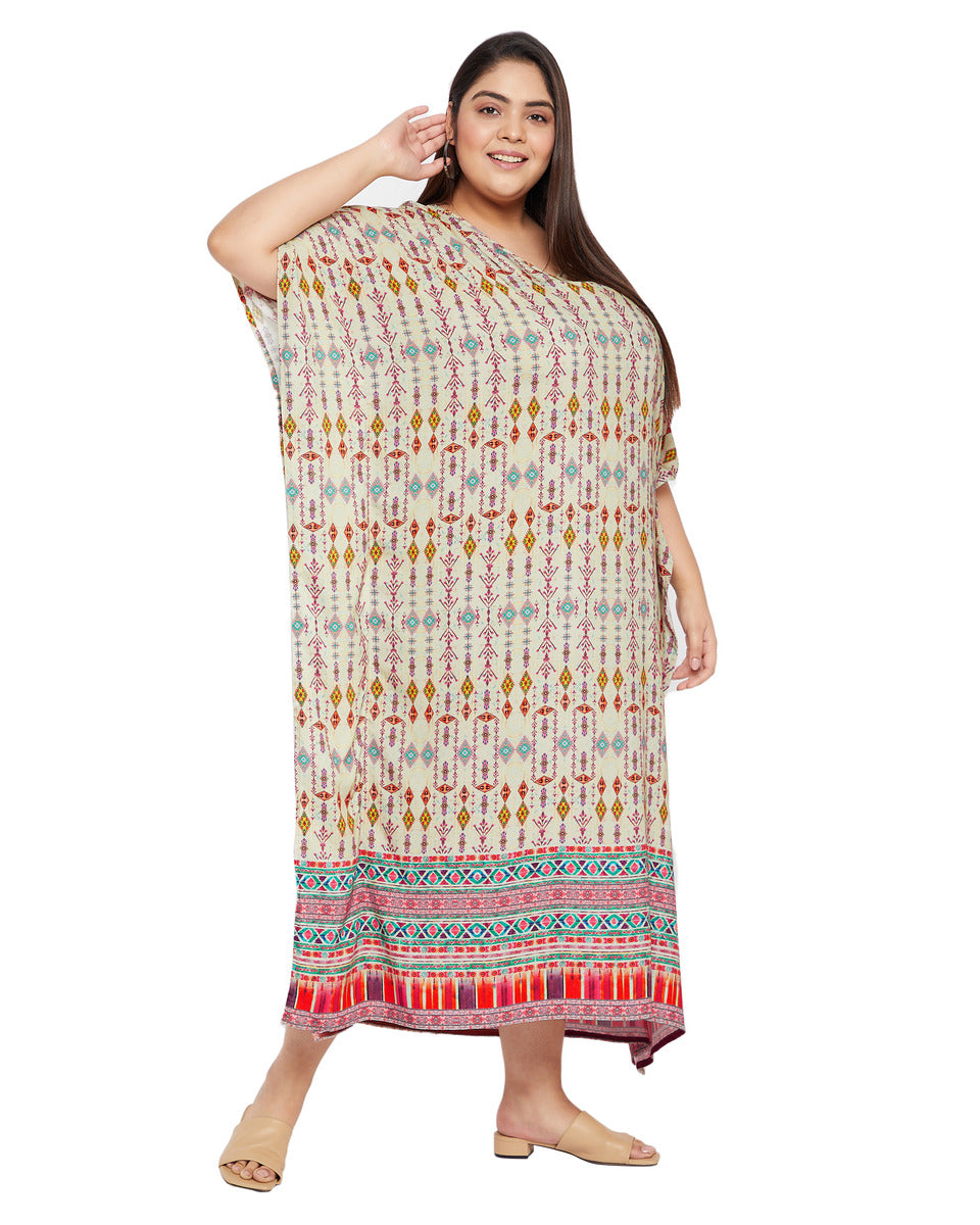 Geometric Beige Rayon Plus Size Loungewear Kaftan Dress for Women