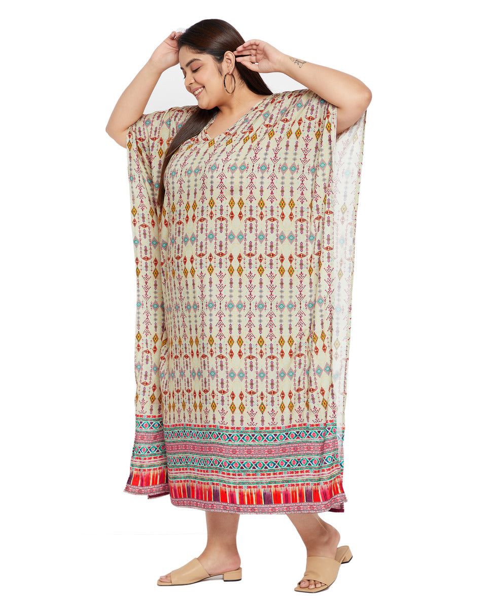 Geometric Beige Rayon Plus Size Loungewear Kaftan Dress for Women