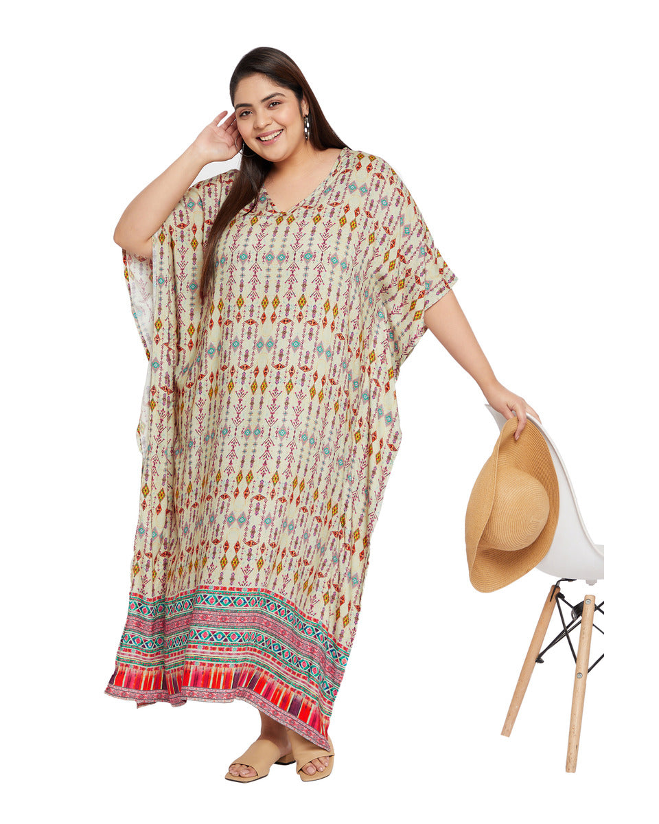 Geometric Beige Rayon Plus Size Loungewear Kaftan Dress for Women