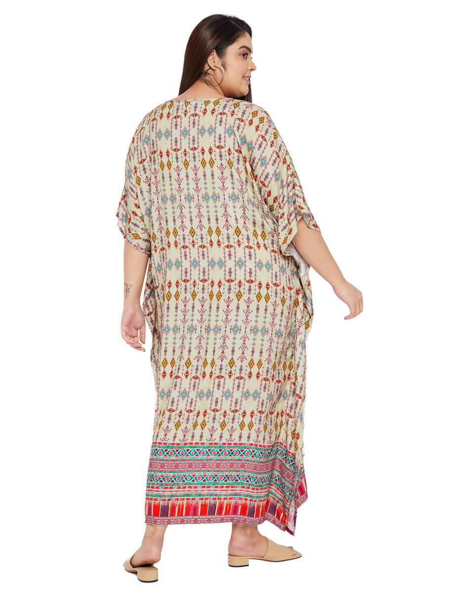 Geometric Beige Rayon Plus Size Loungewear Kaftan Dress for Women