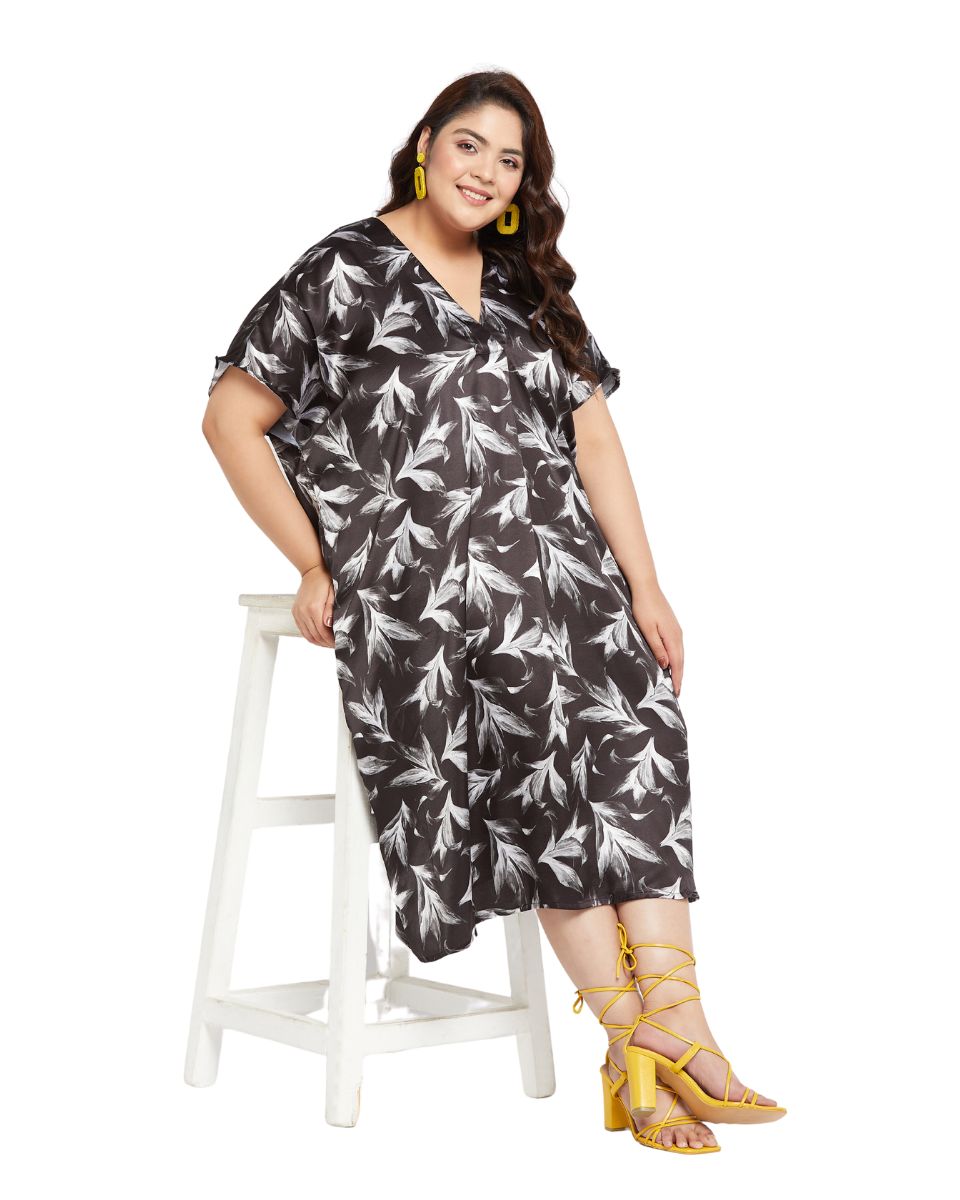 Floral Printed Black Satin Plus Size Kaftan Dress For Women