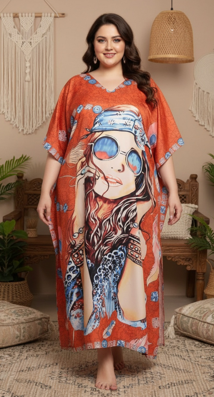 Lady Printed Polyester Plus Size Beach Kaftan Dress for Women