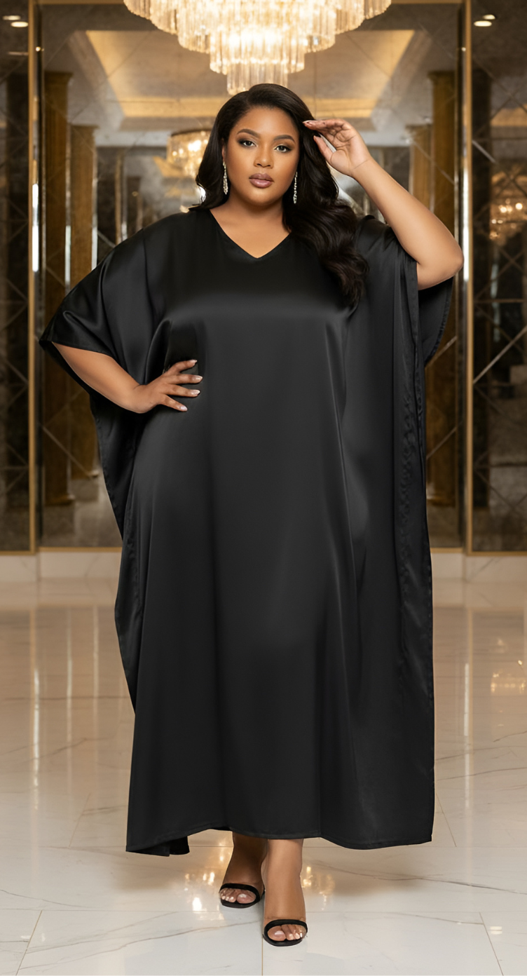 Black Solid Satin Plus Size Kaftan Lounge Dress