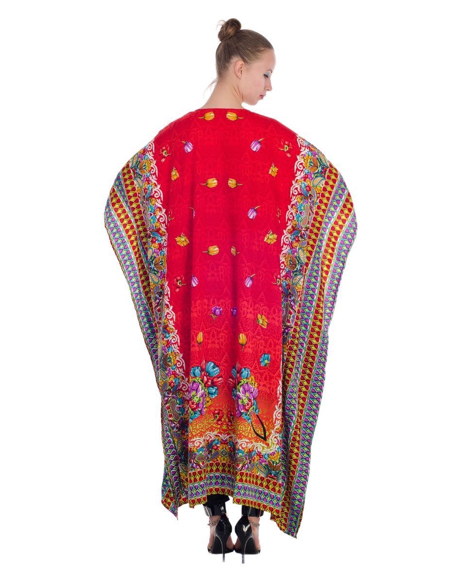 Caftan Red Floral Kimono Sleeve Polyester Maxi For Plus Size Women