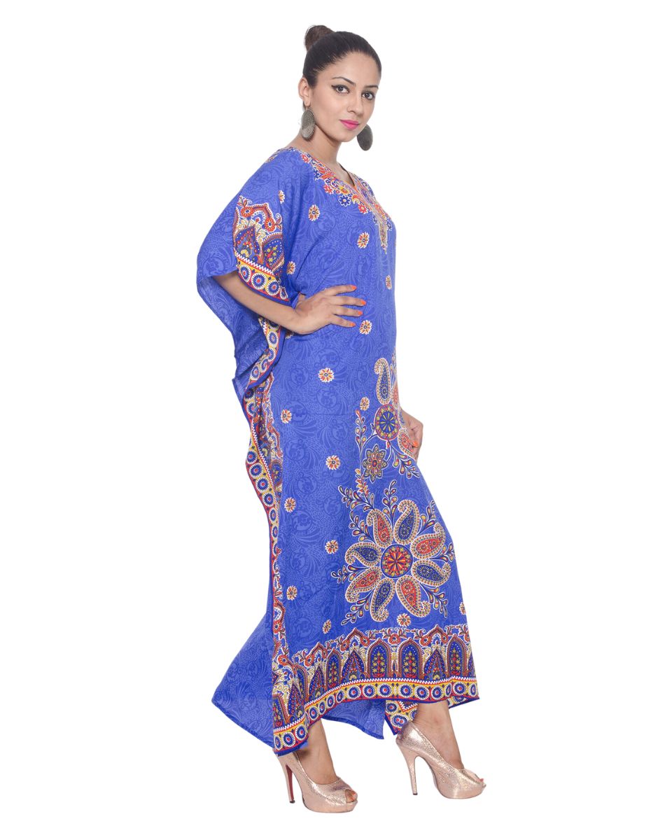 Blue Paisley Polyester Kimono Sleeve Kaftan For Plus Size Women