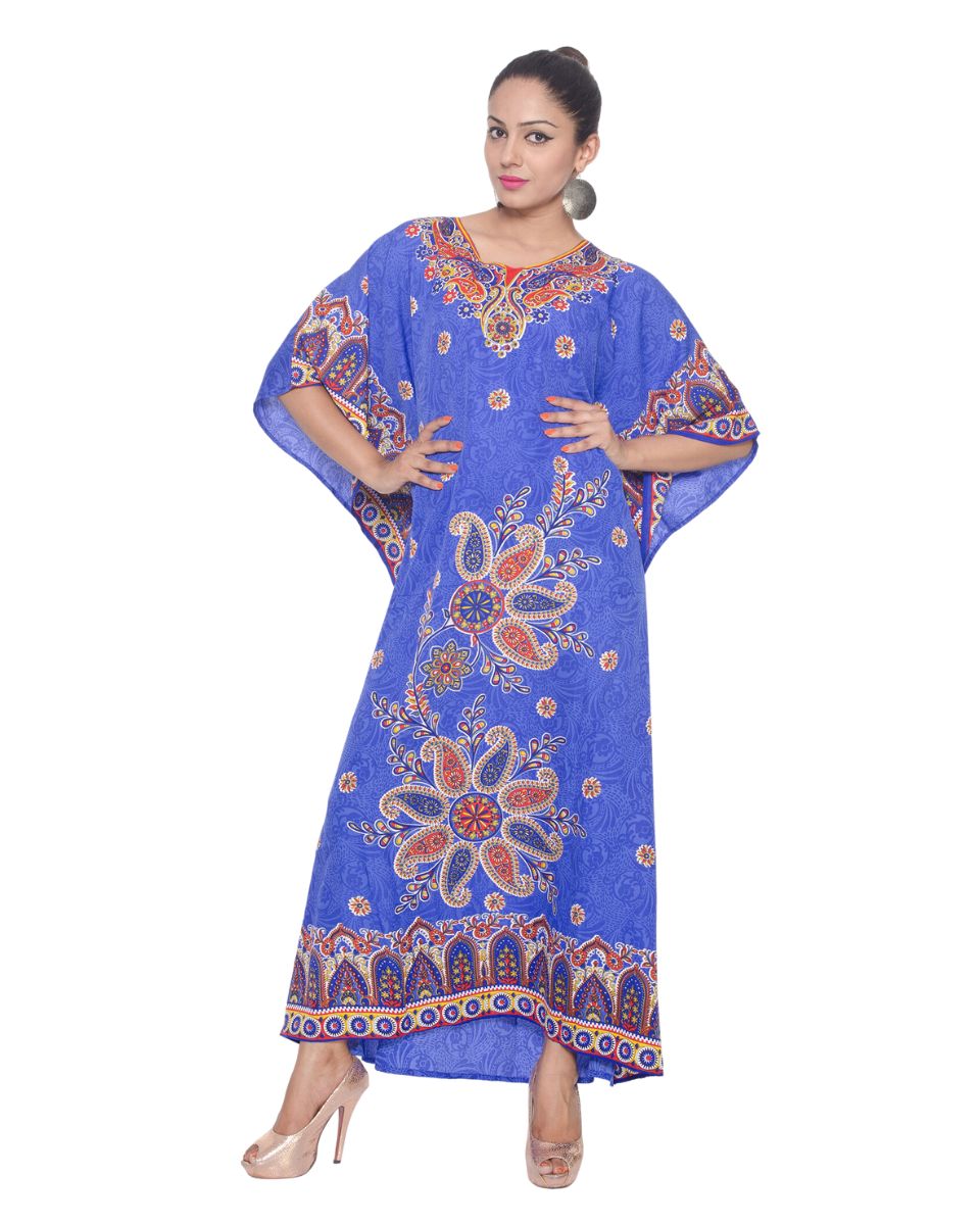 Blue Paisley Polyester Kimono Sleeve Kaftan For Plus Size Women