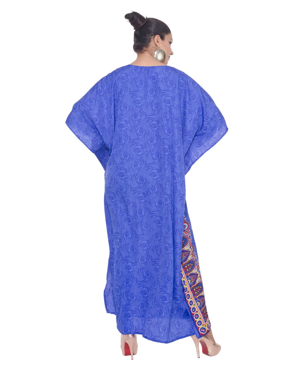 Blue Paisley Polyester Kimono Sleeve Kaftan For Plus Size Women
