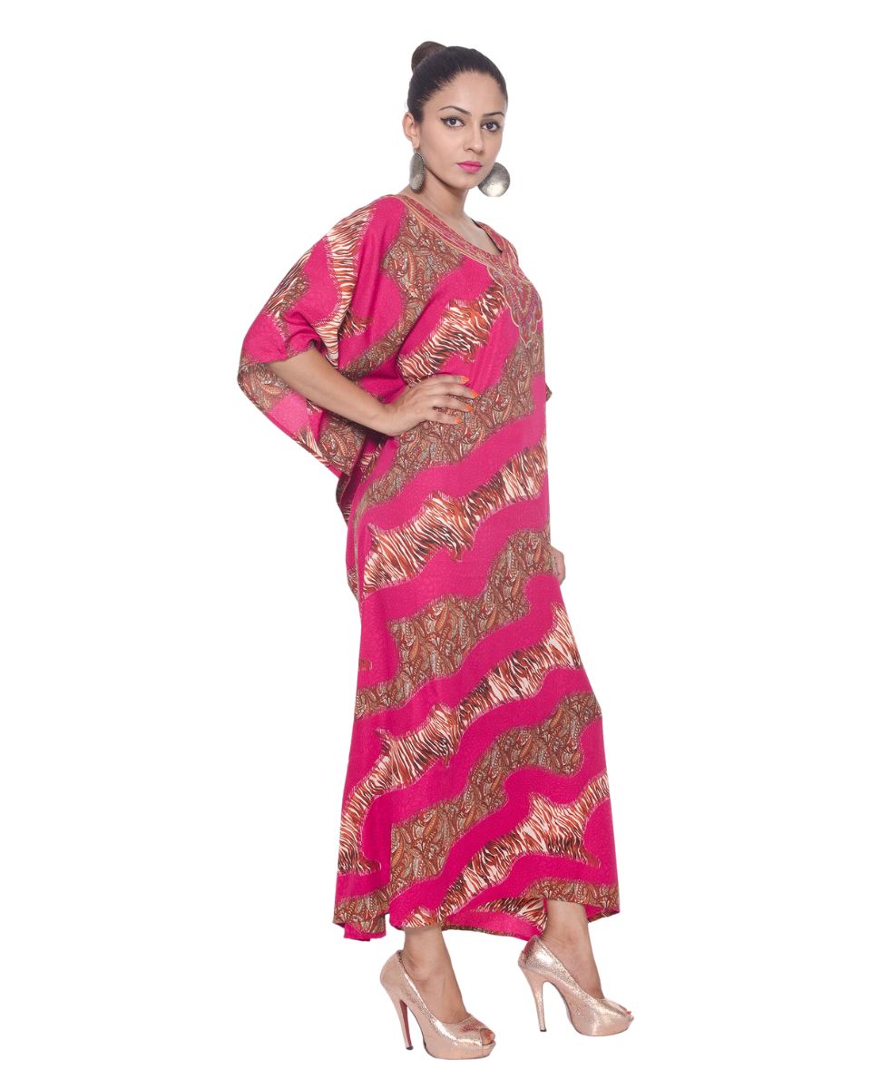 Pink Paisley Pattern Polyester Long Gown Kaftan For Plus Size Women