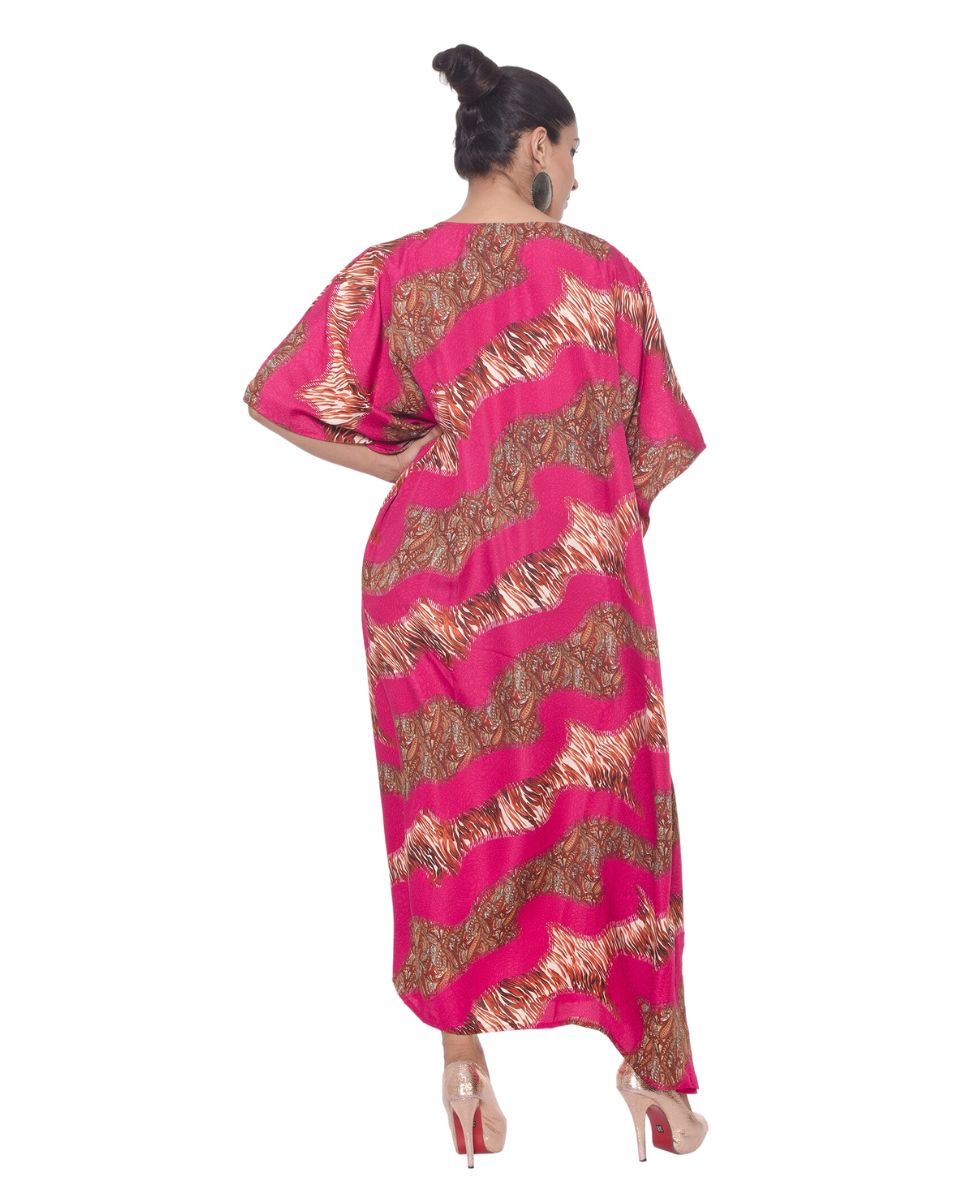 Pink Paisley Pattern Polyester Long Gown Kaftan For Plus Size Women
