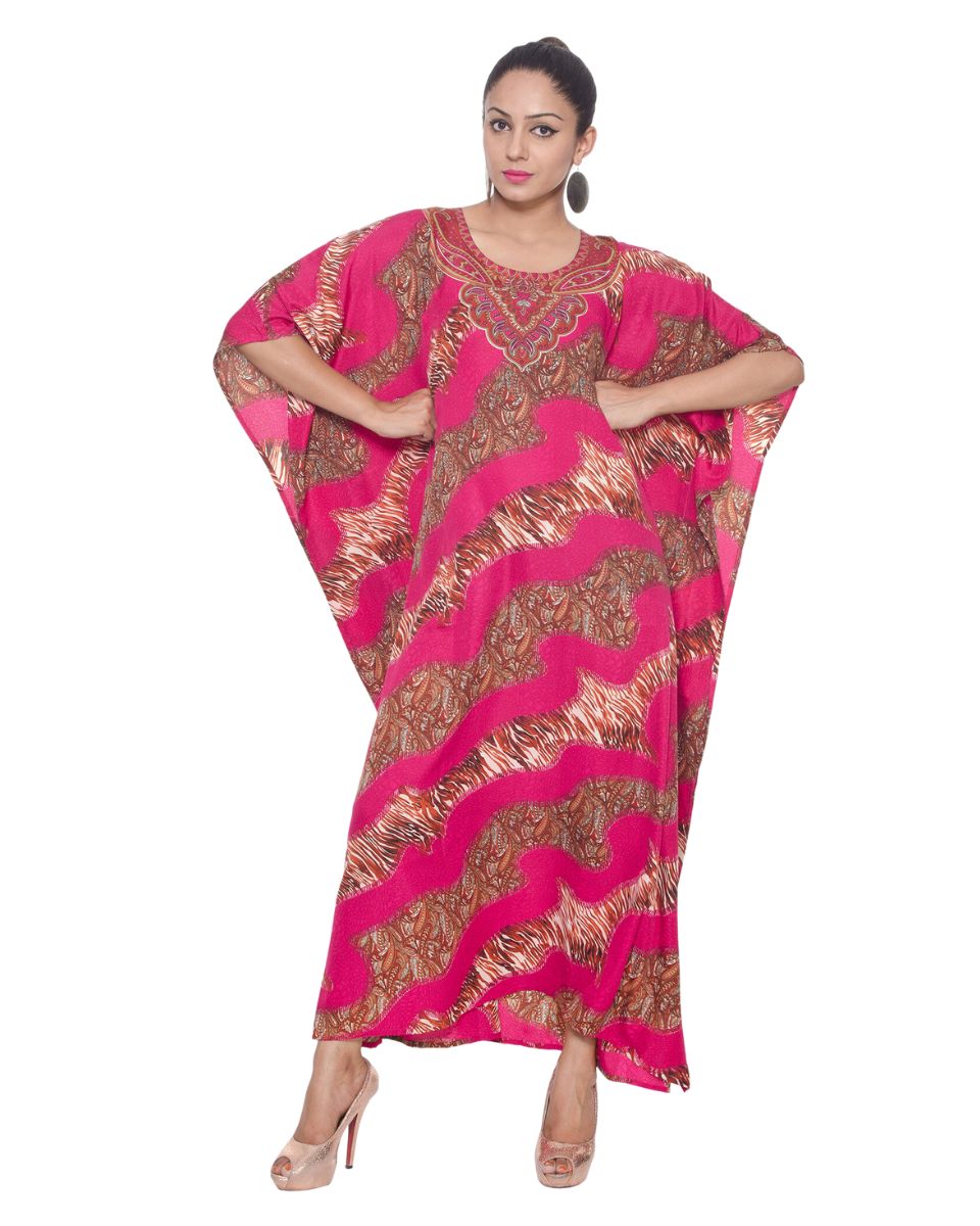 Pink Paisley Pattern Polyester Long Gown Kaftan For Plus Size Women