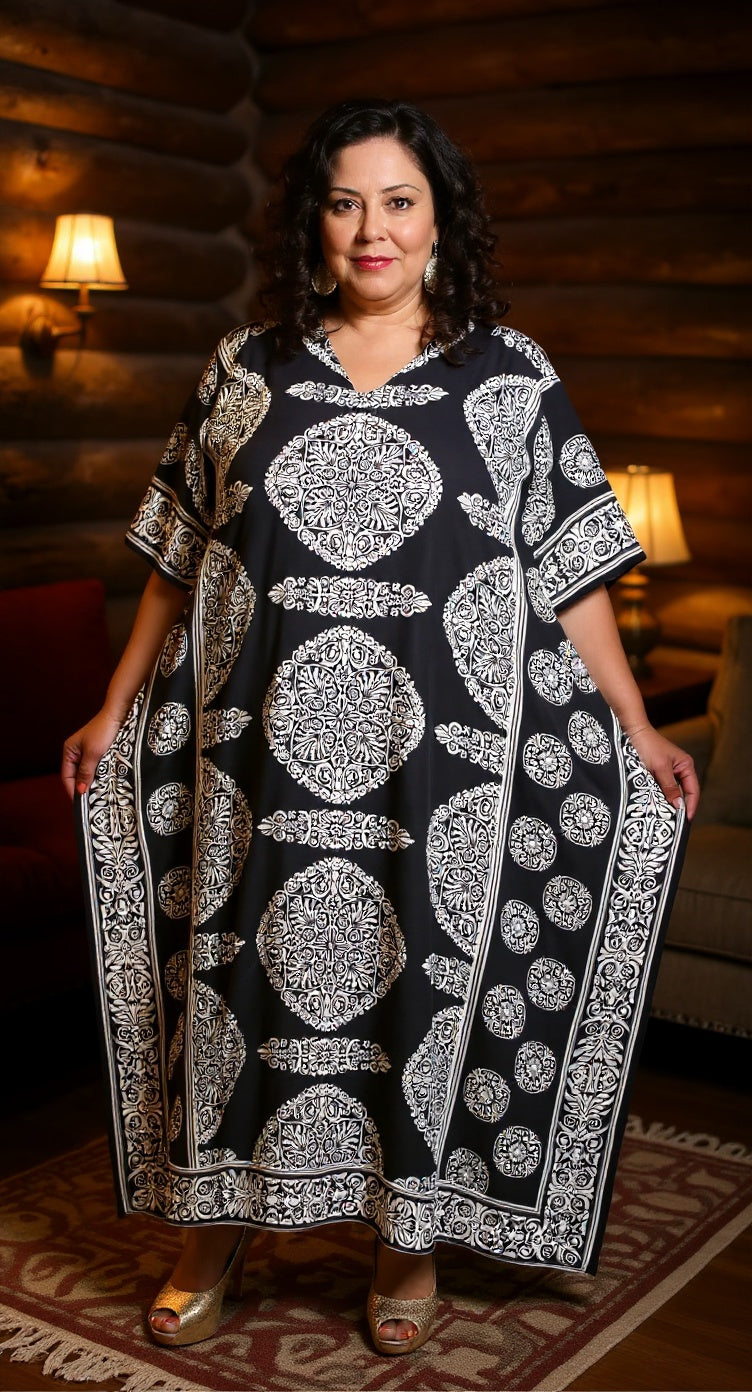Black Plus Size Kaftan Dress for Women Abstract Print Full Length Maxi