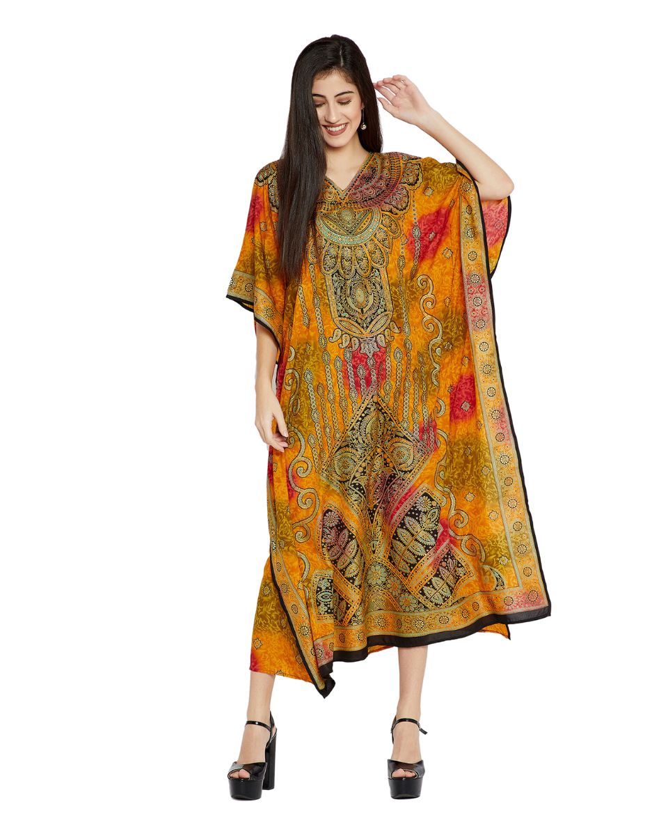 Mustard Yellow Floral Paisley Plus Size Kaftan Dress For Women