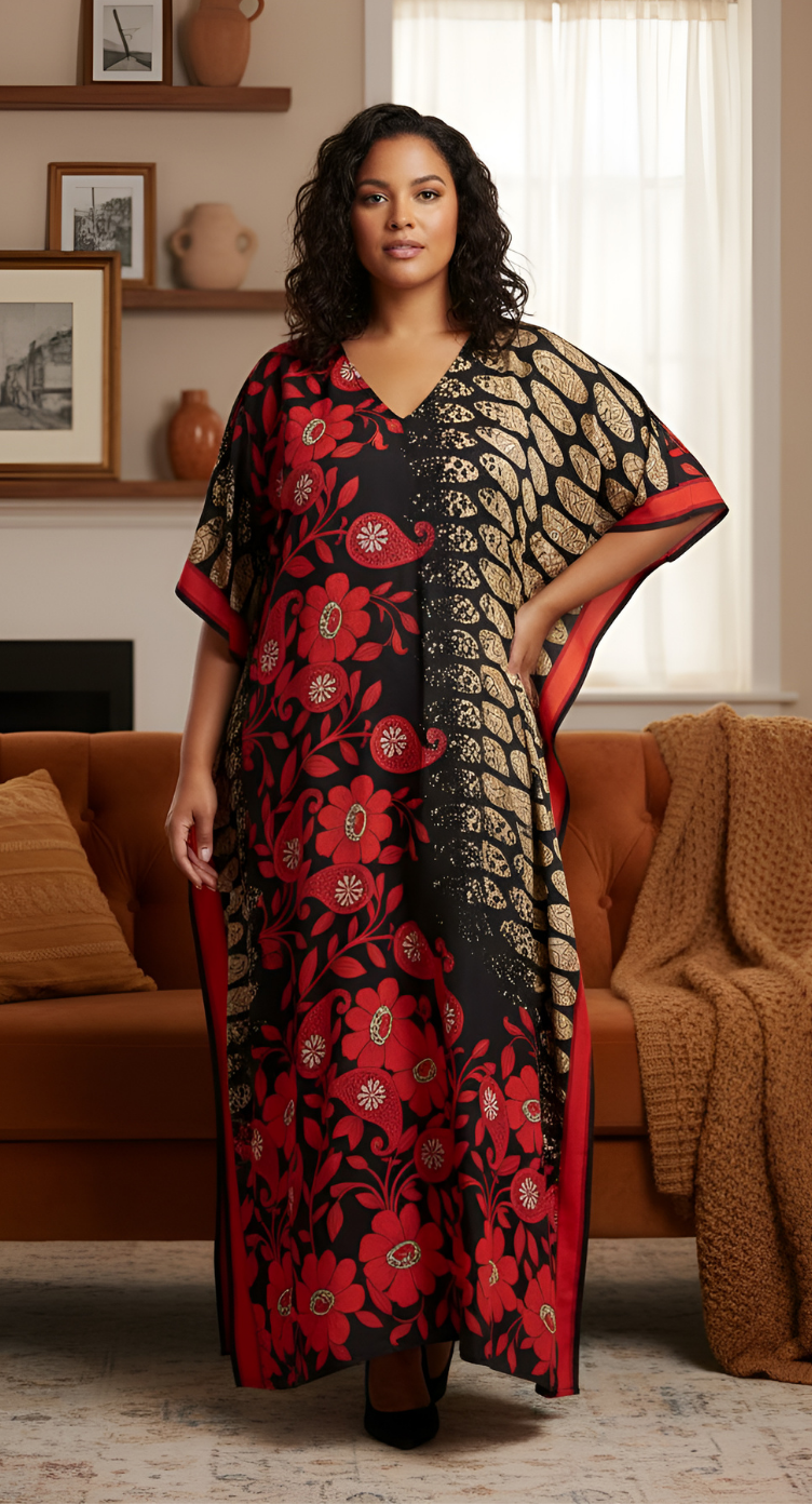 Floral Printed Red Polyester Kaftan Plus Size Dress For Women