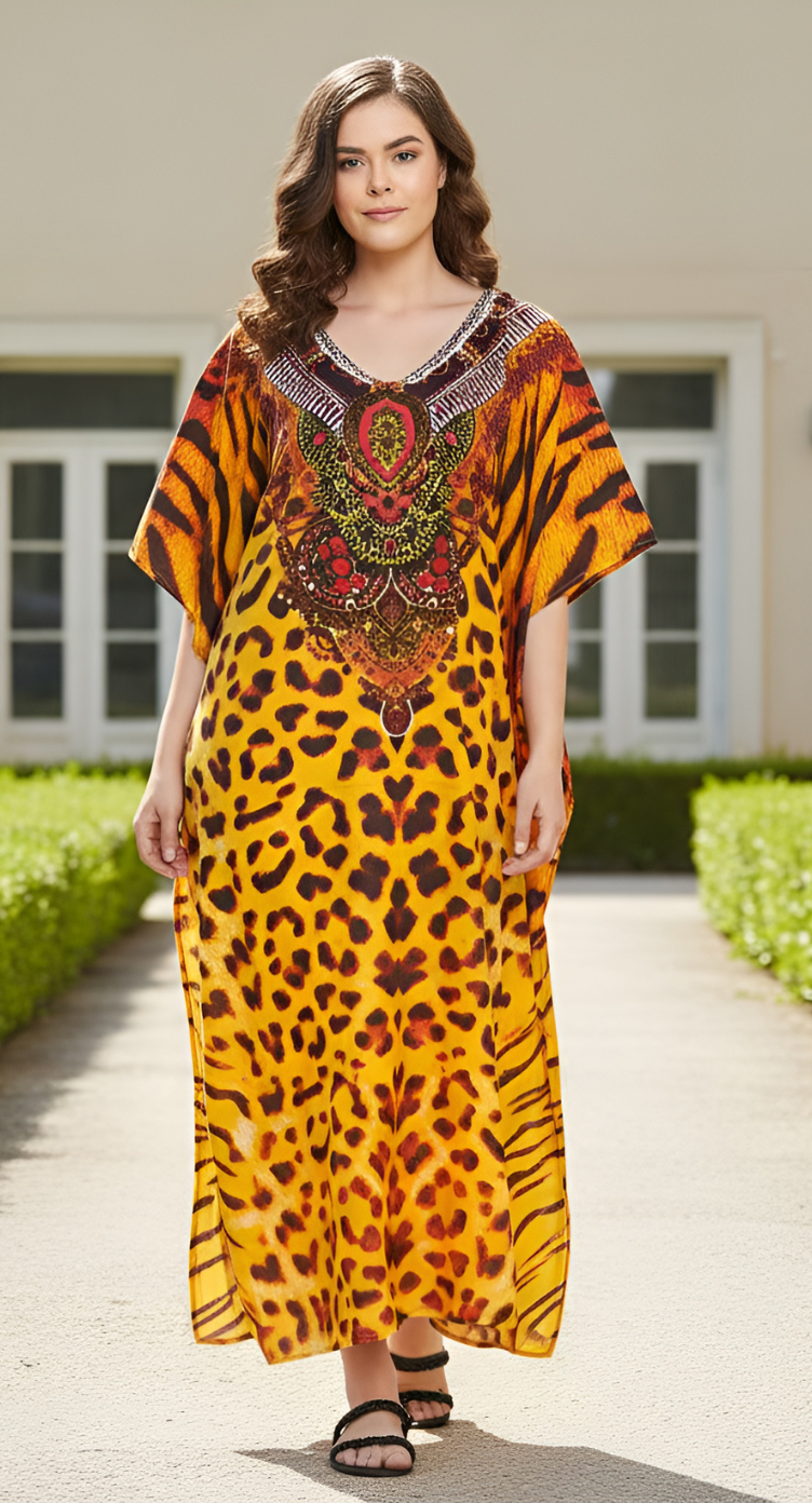 Animal Printed Yellow Polyester Kaftan Plus Size Dress For Women