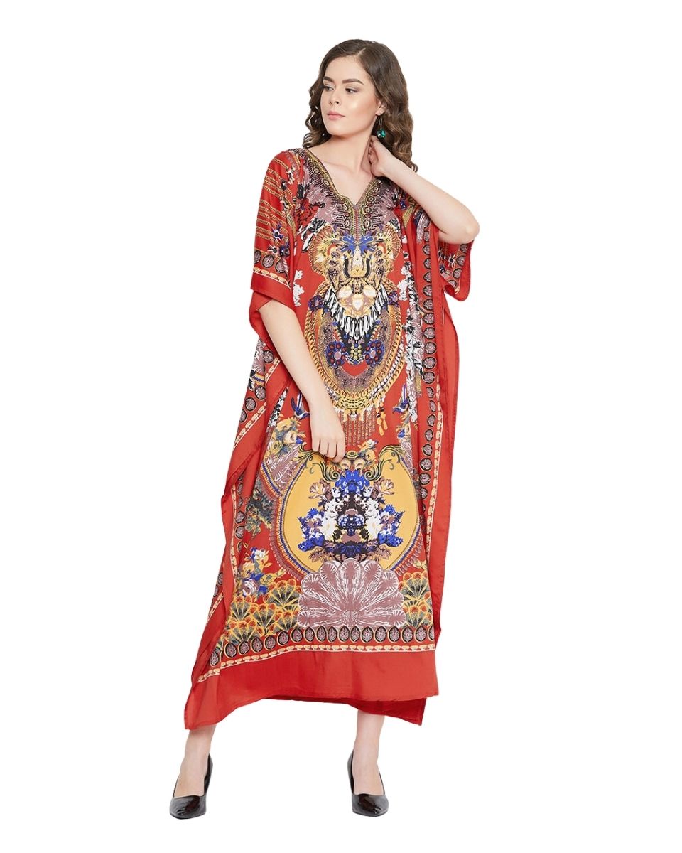 Dress Red Caftan Floral Print Polyester Long Kaftan