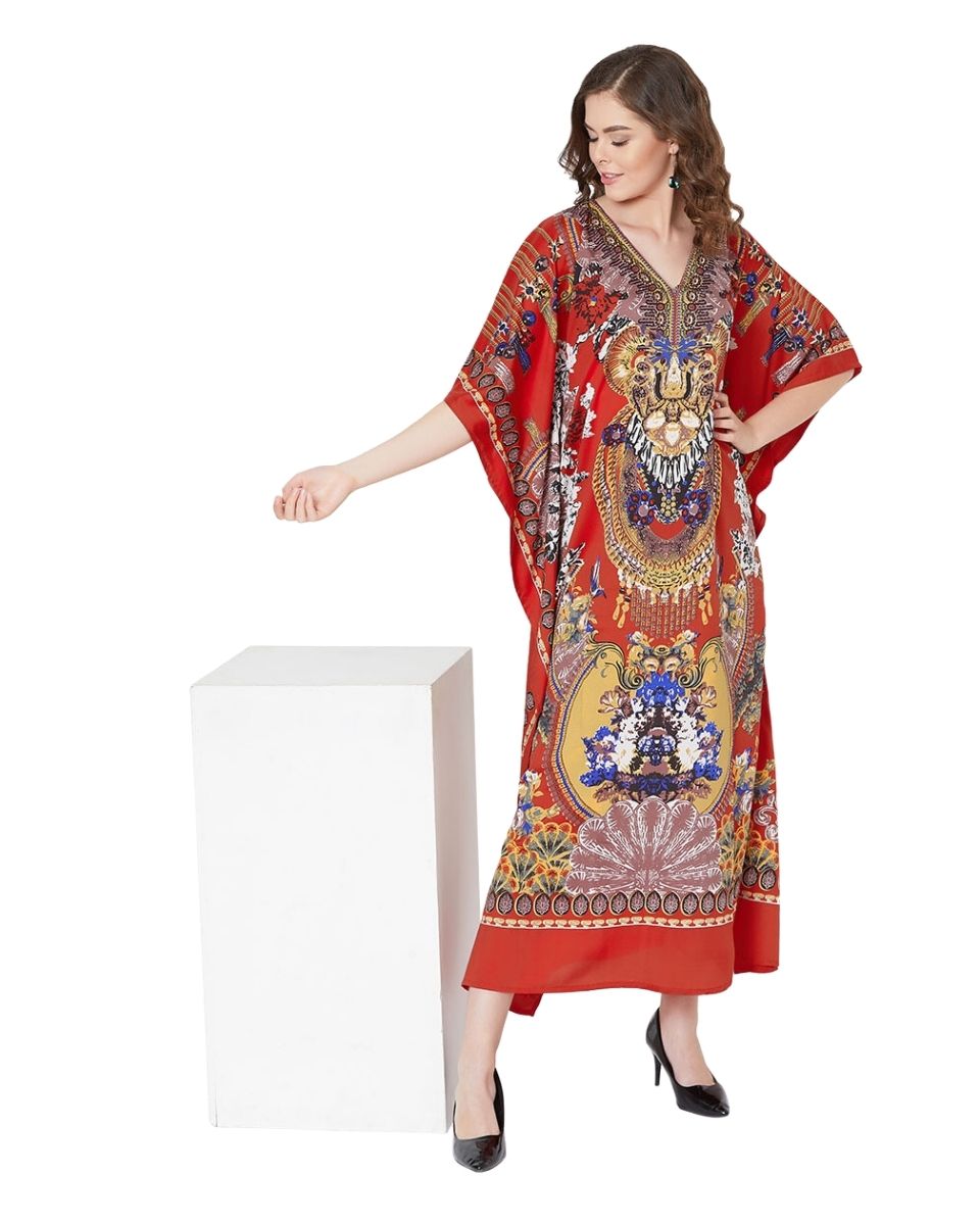 Dress Red Caftan Floral Print Polyester Long Kaftan