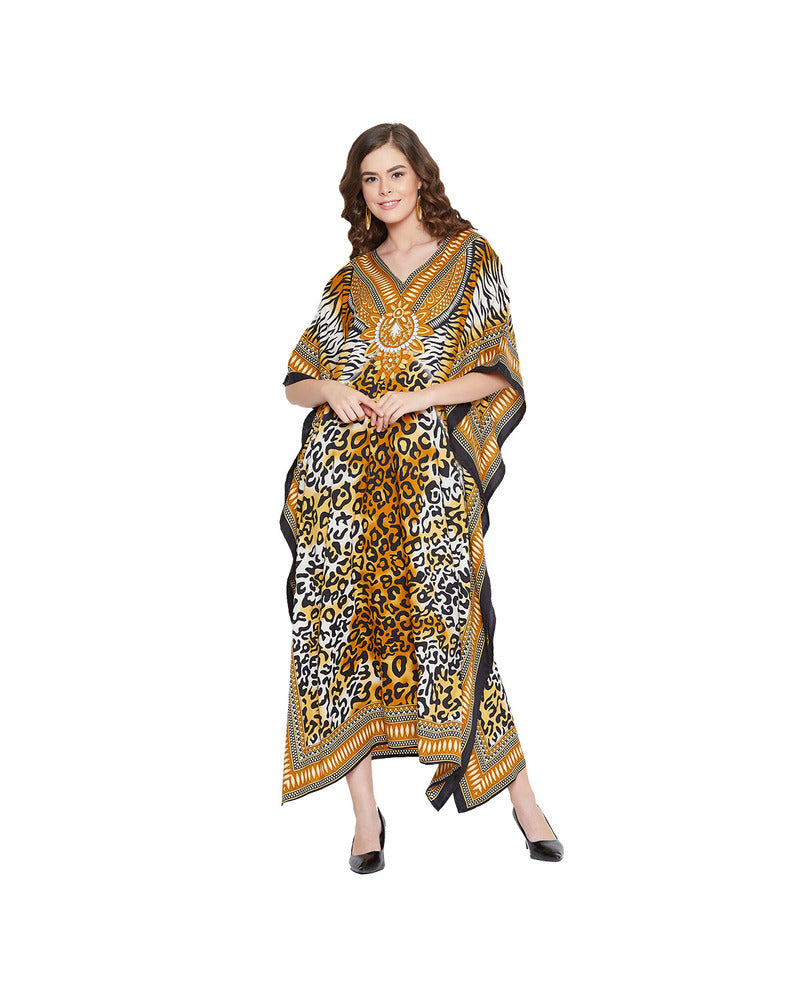 Leopard Print Yellow Polyester Plus Size Kaftan Dress for Women