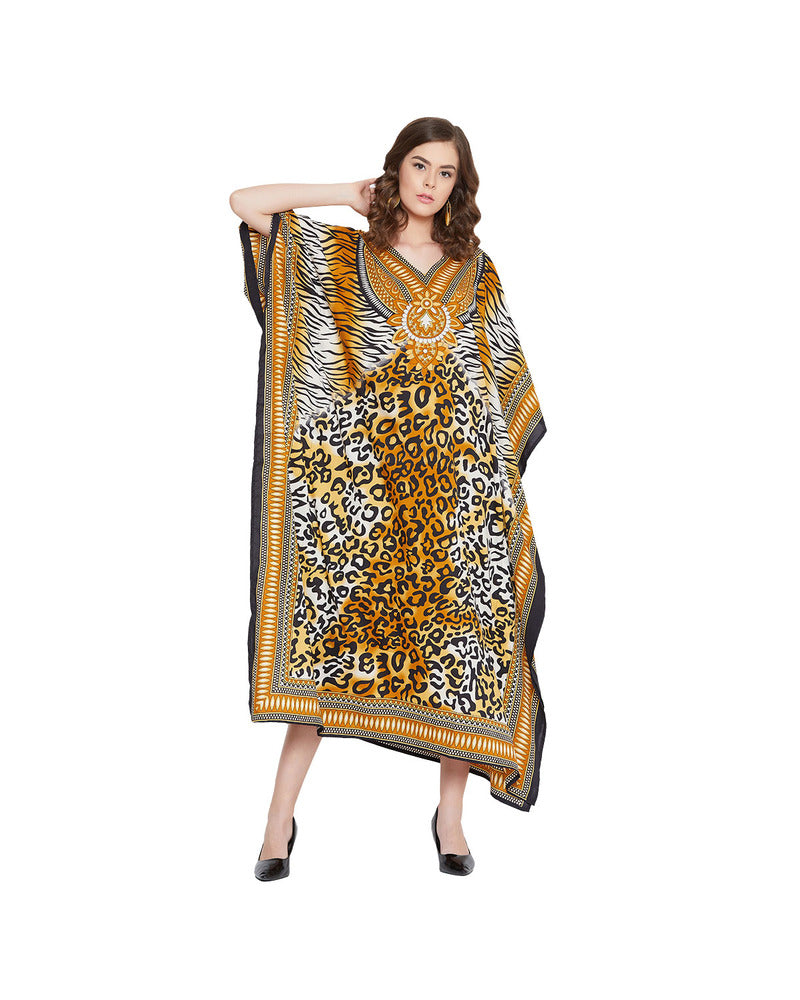 Leopard Print Yellow Polyester Plus Size Kaftan Dress for Women