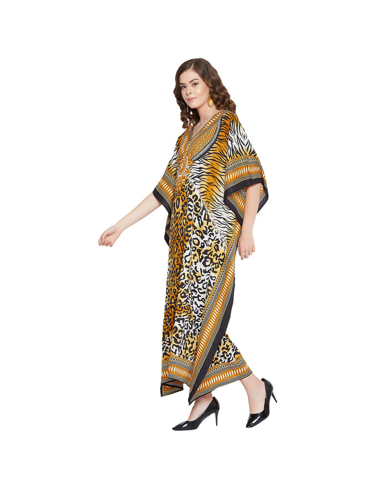 Leopard Print Yellow Polyester Plus Size Kaftan Dress for Women