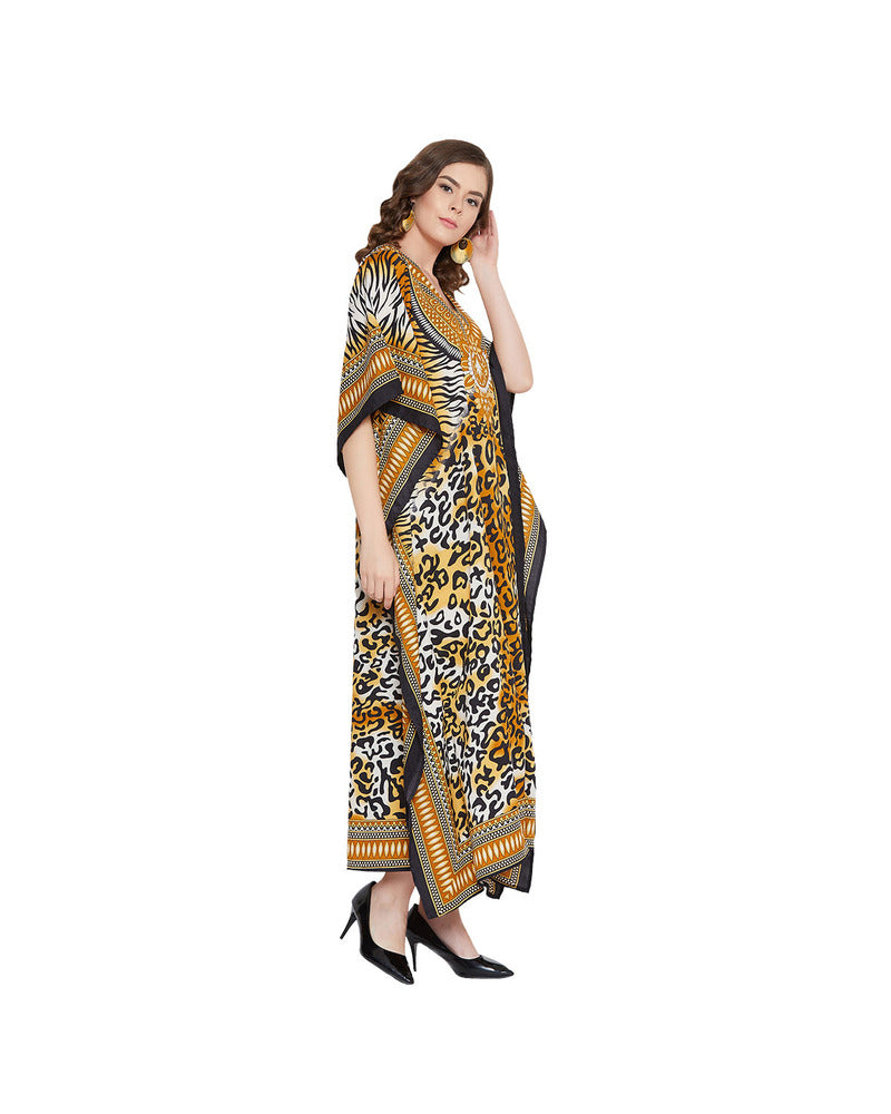 Leopard Print Yellow Polyester Plus Size Kaftan Dress for Women