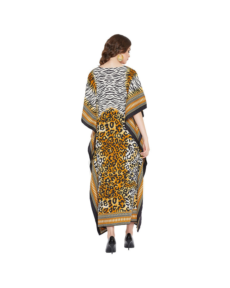 Leopard Print Yellow Polyester Plus Size Kaftan Dress for Women