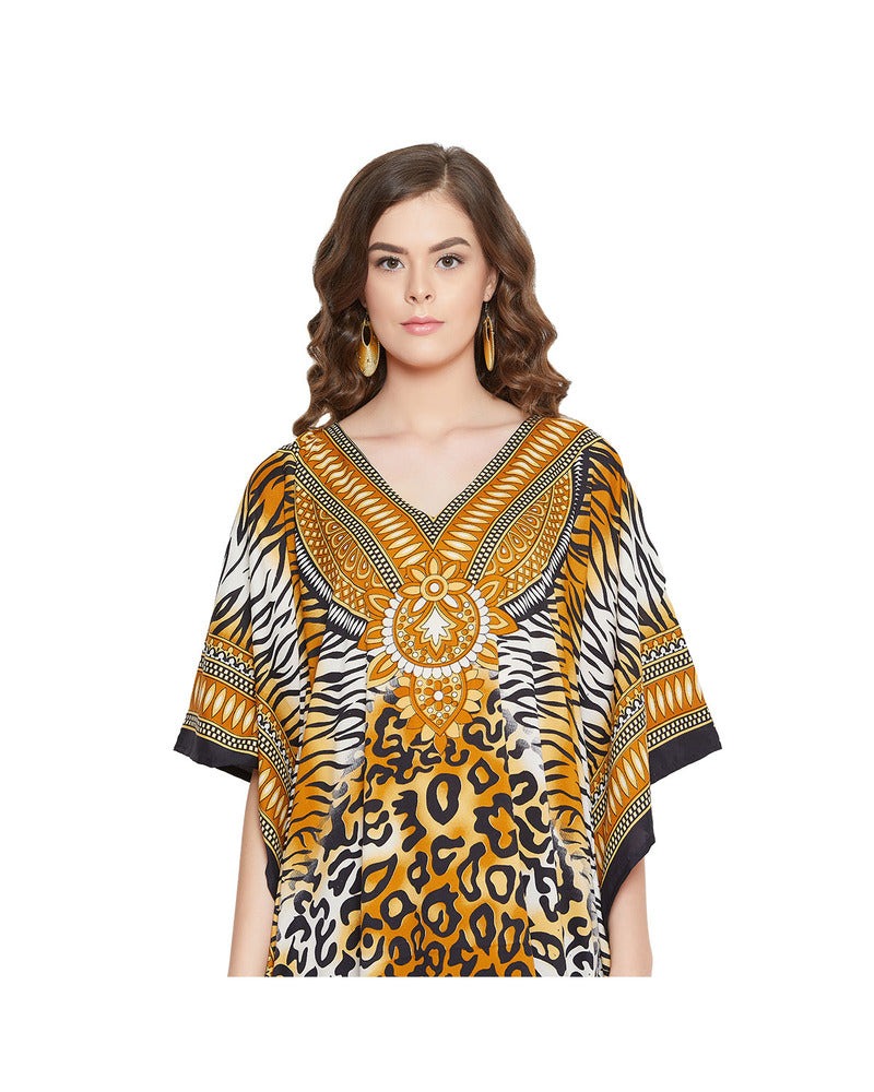 Leopard Print Yellow Polyester Plus Size Kaftan Dress for Women