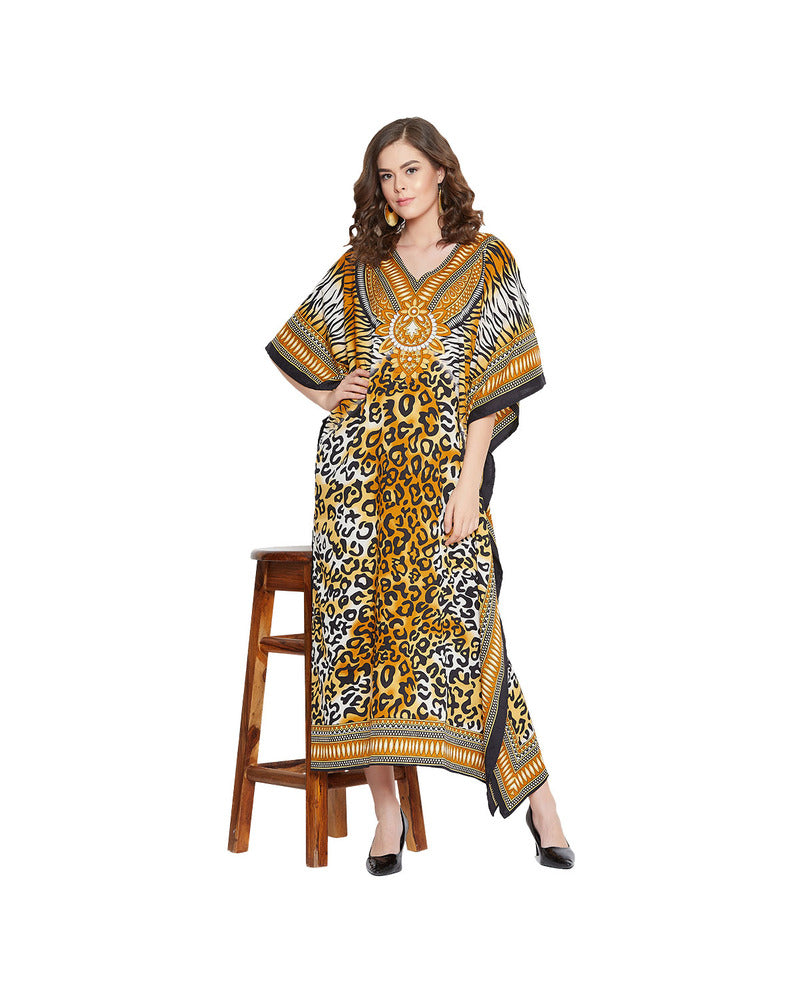 Leopard Print Yellow Polyester Plus Size Kaftan Dress for Women