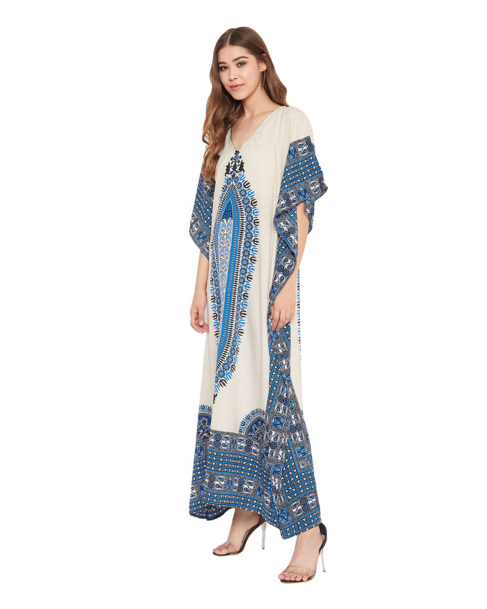 Blue Tribal Printed Polyester Kaftan For Plus Size Women