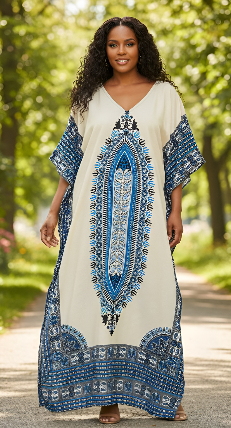Blue Tribal Printed Polyester Kaftan For Plus Size Women
