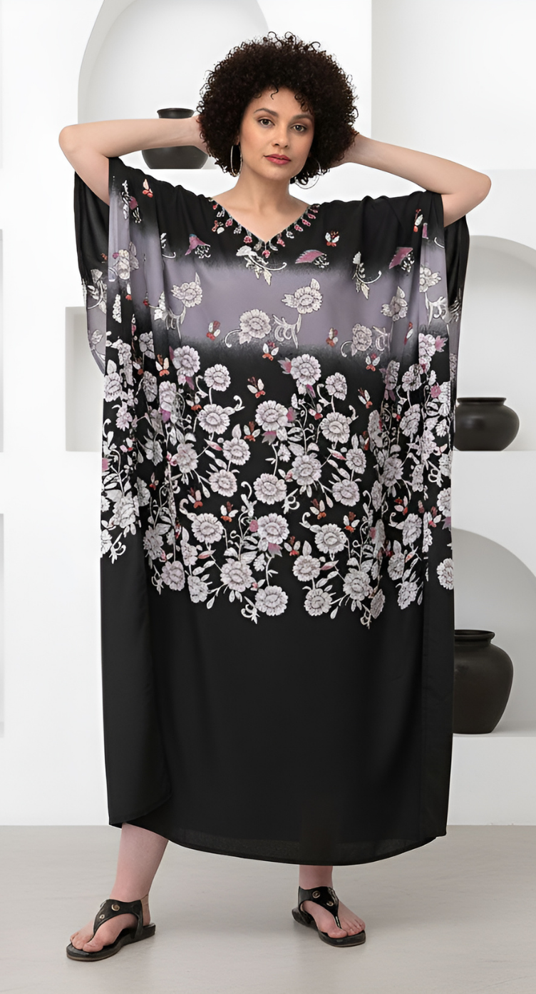 Floral Printed Black Polyester Kaftan Plus Size Dress For Women