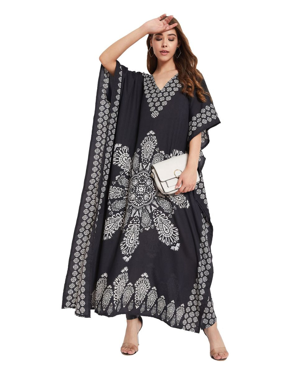 Floral Printed Black Polyester Kaftan Plus Size Dress For Women