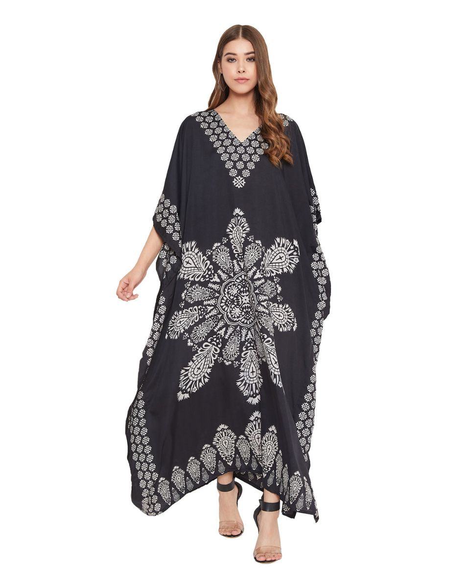 Floral Printed Black Polyester Kaftan Plus Size Dress For Women