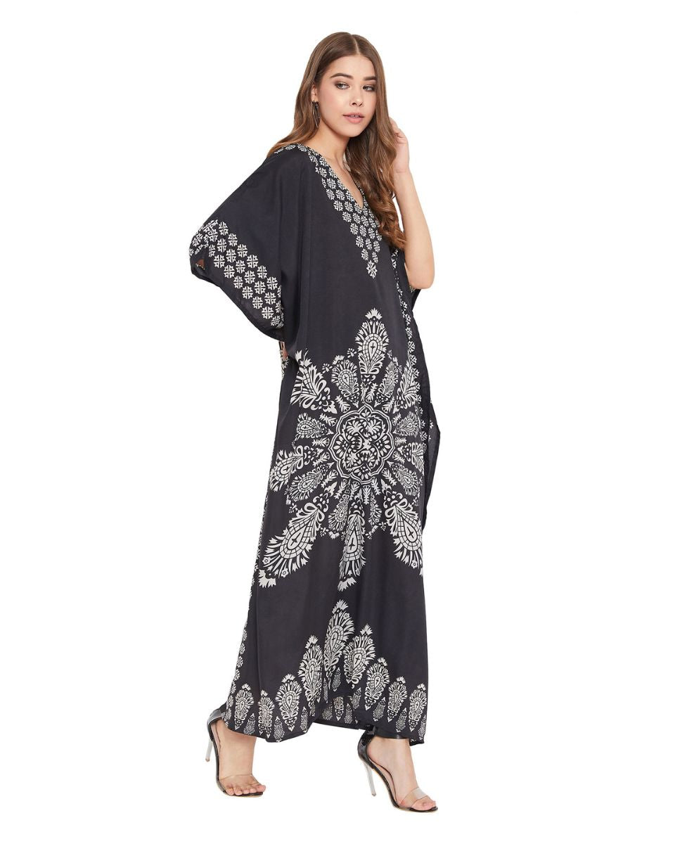 Floral Printed Black Polyester Kaftan Plus Size Dress For Women
