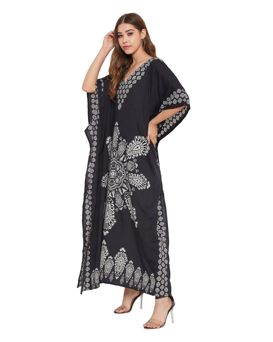 Floral Printed Black Polyester Kaftan Plus Size Dress For Women