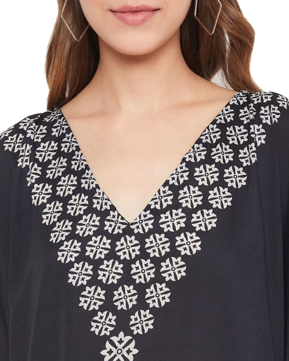 Floral Printed Black Polyester Kaftan Plus Size Dress For Women
