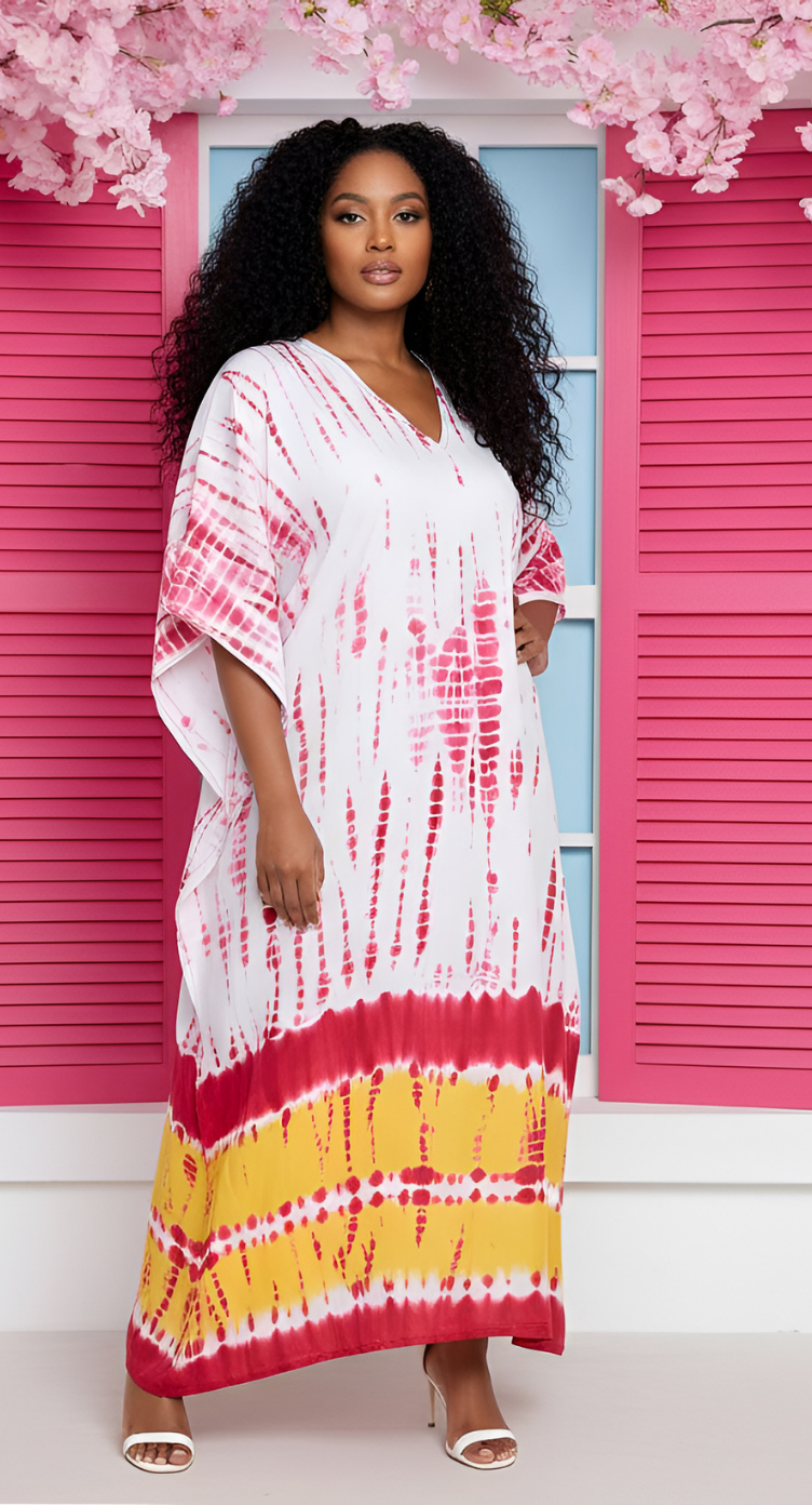 Pink Tie Dye Printed Polyester Plus Size Kaftan For Women