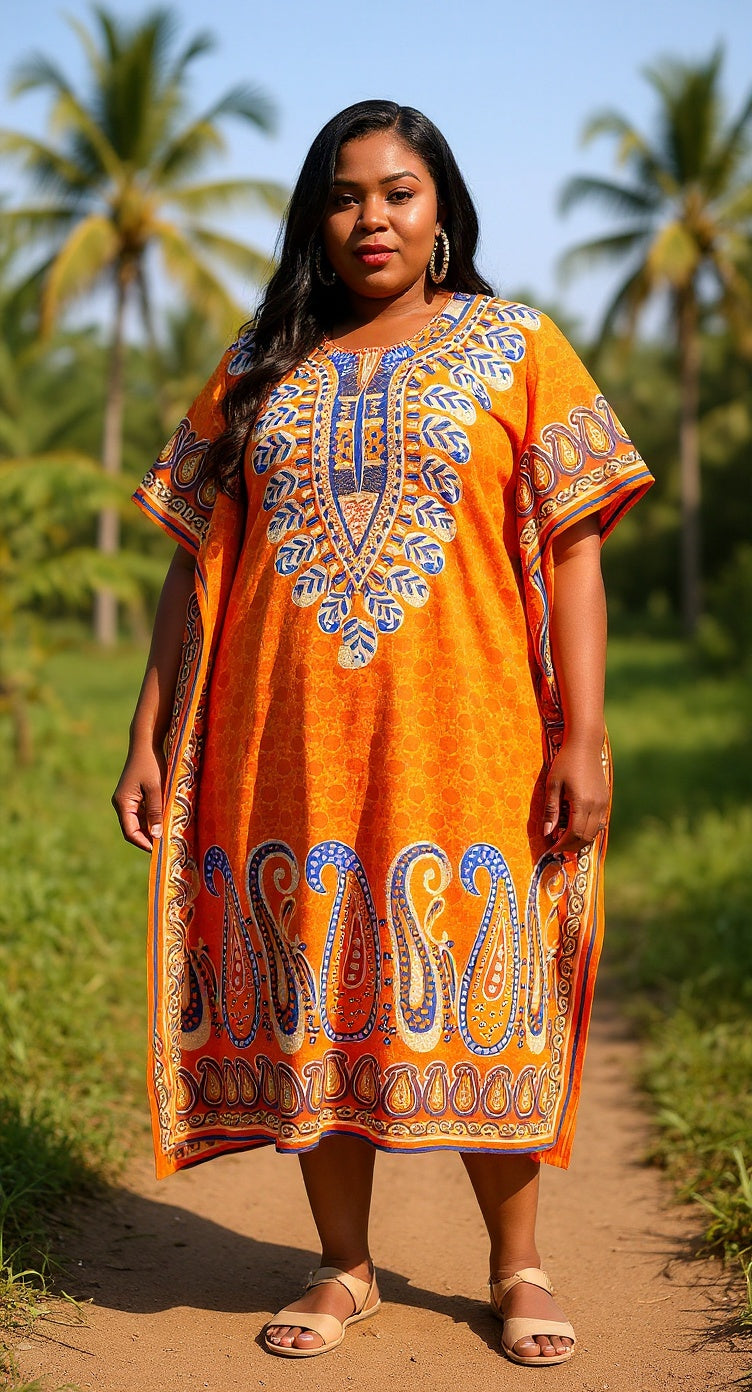 Paisley Printed Orange Plus Size Polyester Kaftan Dress For Women