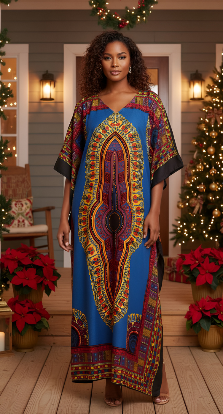Blue Dress Tribal Printed Polyester Kaftan For Plus Size Women