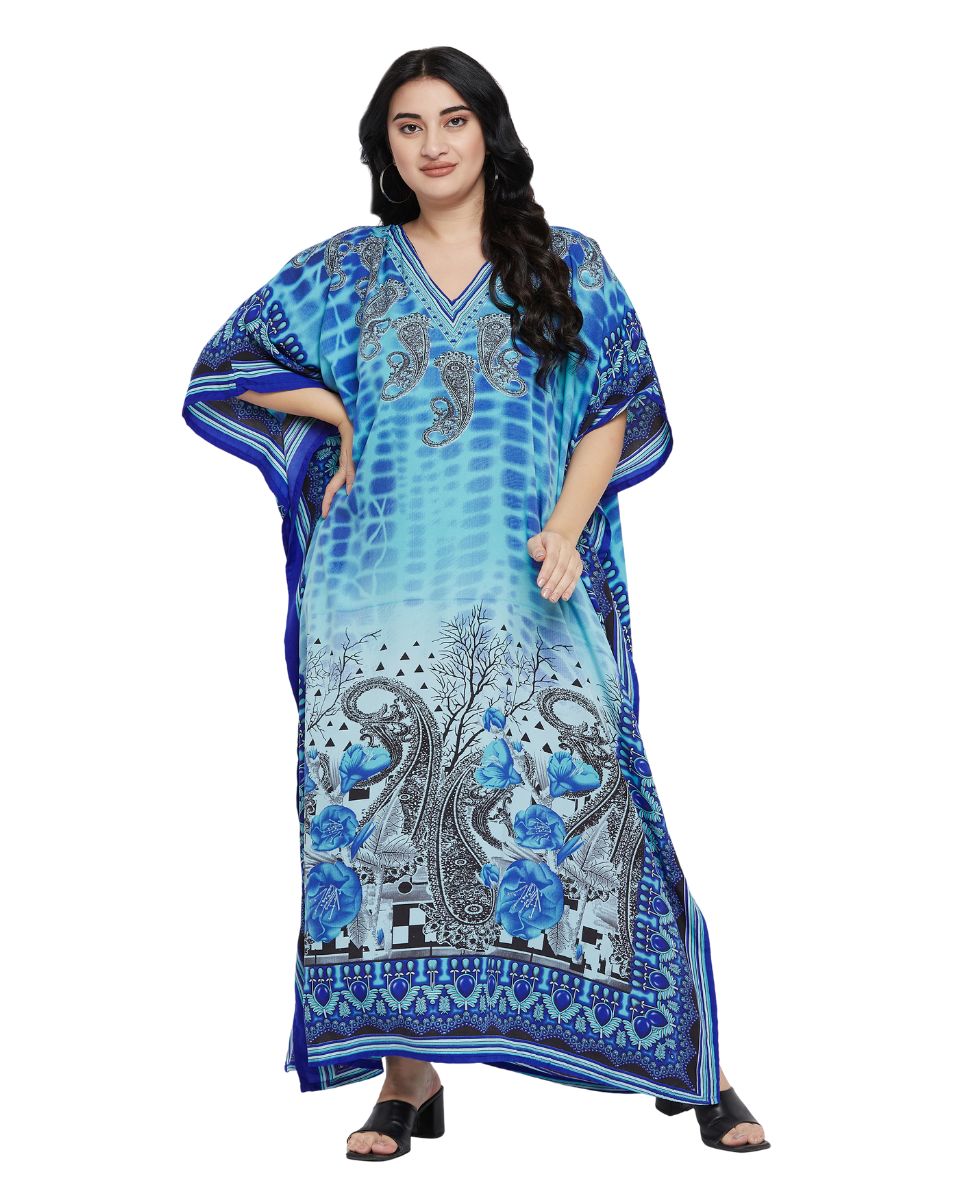 Turquoise Paisley Print Polyester Plus Size Kaftan For Women
