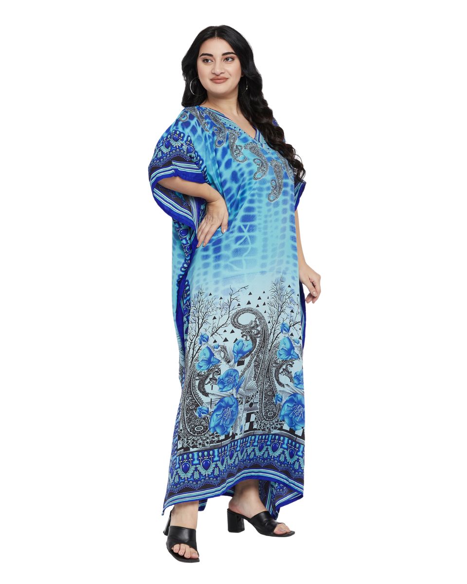 Turquoise Paisley Print Polyester Plus Size Kaftan For Women