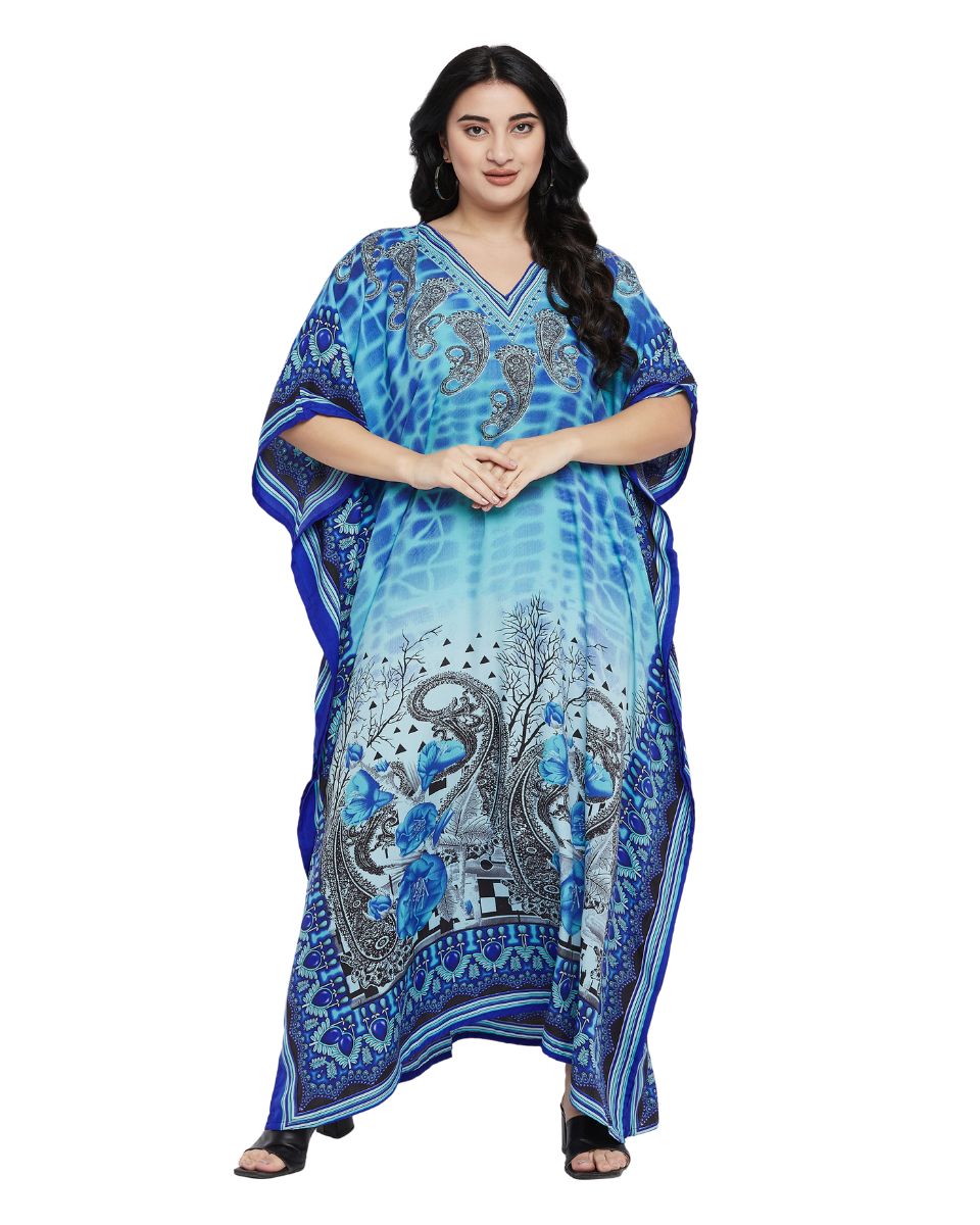 Turquoise Paisley Print Polyester Plus Size Kaftan For Women