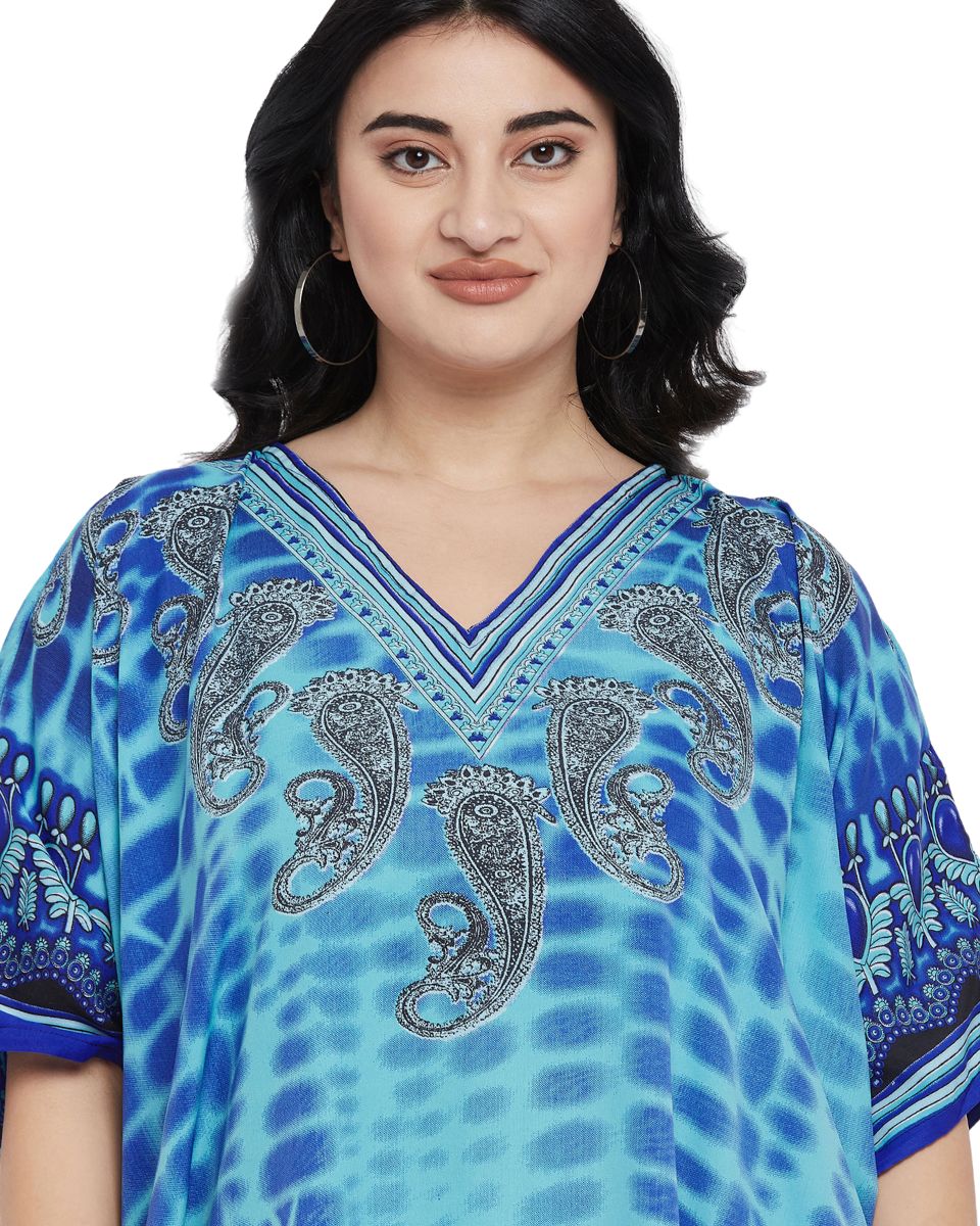 Turquoise Paisley Print Polyester Plus Size Kaftan For Women