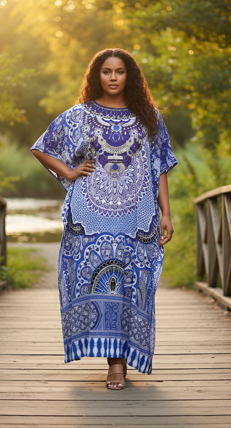 Digital Printed Blue Polyester Kaftan Plus Size Dress For Women