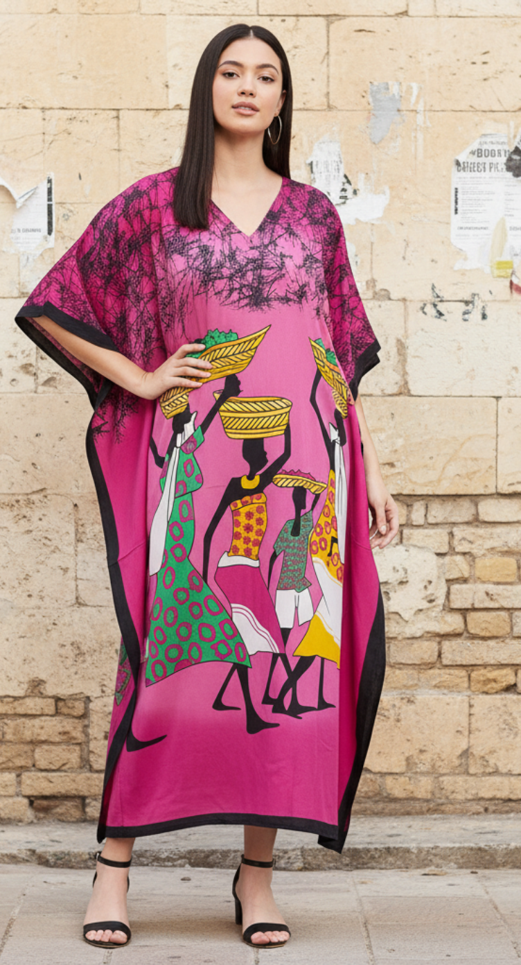 Pink Tribal Printed Polyester Kaftan For Plus Size Women